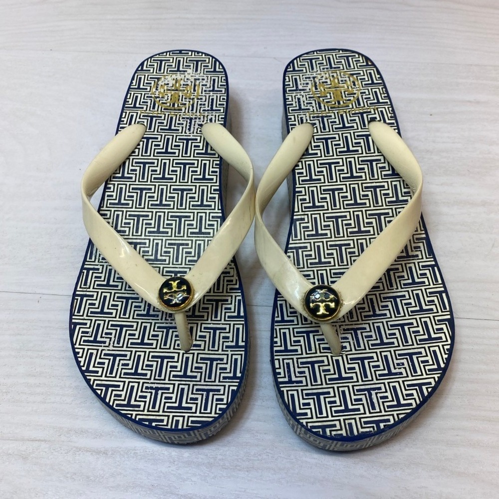 Tory Burch Womens‎ 8 Platform Flip Flops Wedge Navy Logo Rubber Sandal Beach